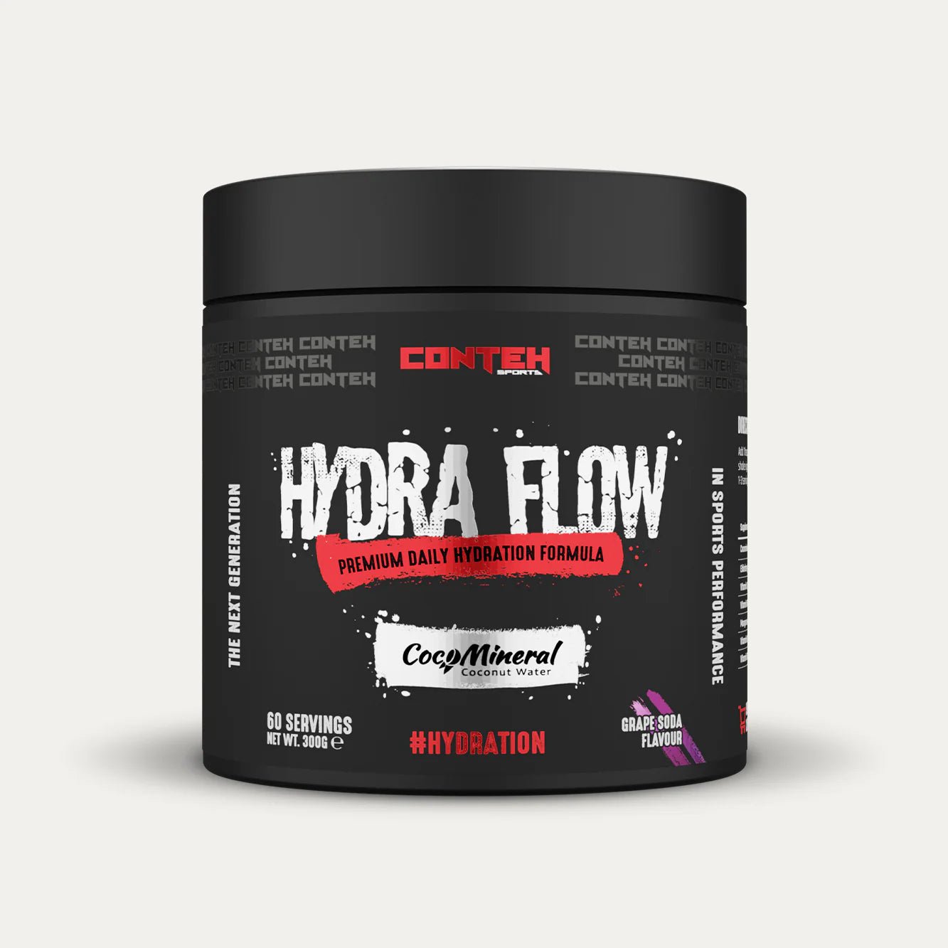 Black container of Conteh Hydra Flow supplement on a light gray background